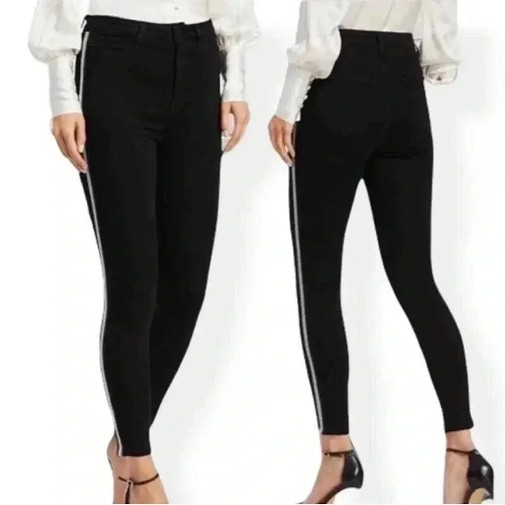 L'Agence Margot Tuxedo Stripe High Rise Skinny Jeans Black Silver Size 26